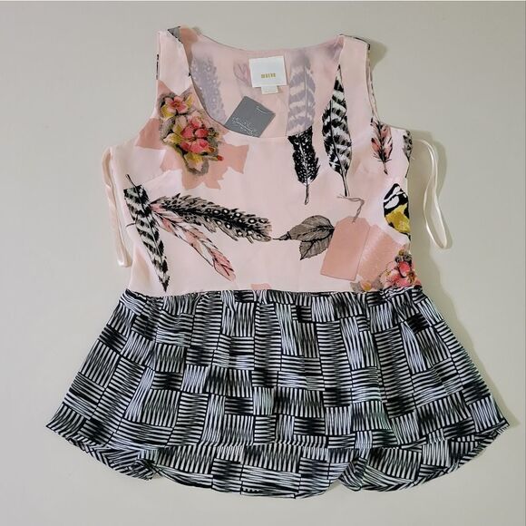 Maeve for Anthropologie Women's Silk Pink Finely Feathered Peplum Blouse - Picture 2 of 11